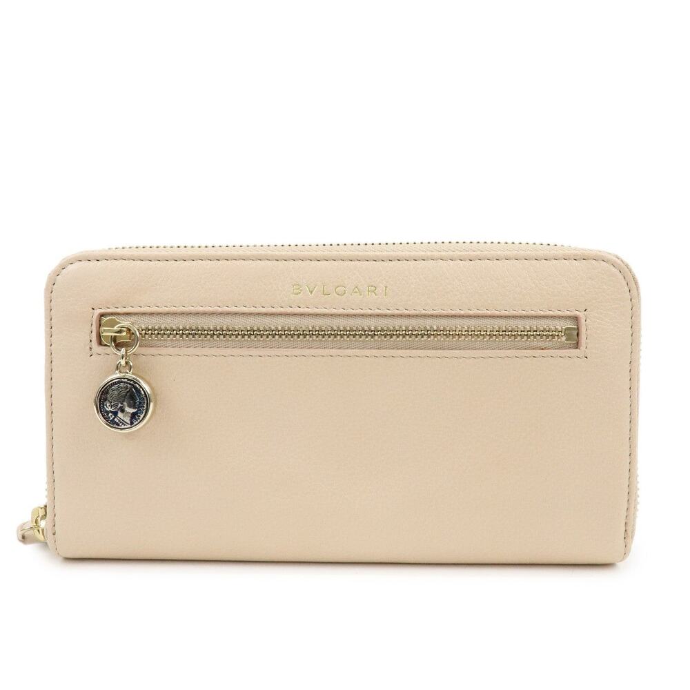 Bvlgari Logo Calfskin Zippy Wallet Beige